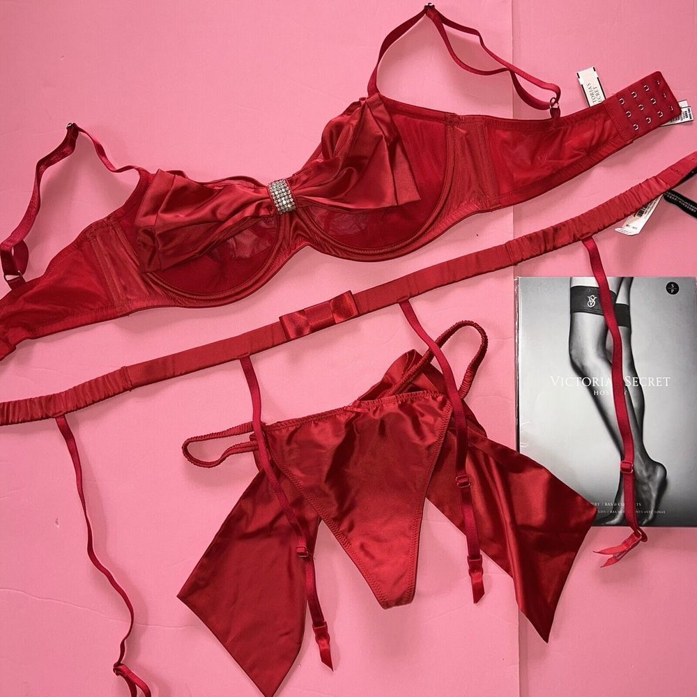 Victoria's Secret 34C,34D,36C,36DD,36DDD BRA SET+garter RED satin BOW crystal